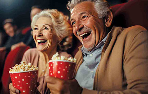 Cheerful senior couple with popcorn at cinema. elderly people.